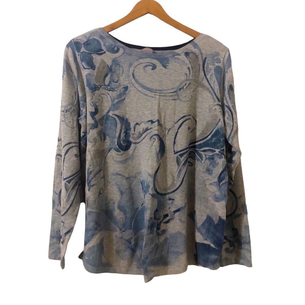 Chico’s Women’s 3  US 16/XL Bateau Neck Pullover Paisley Swirl Gray Blue
